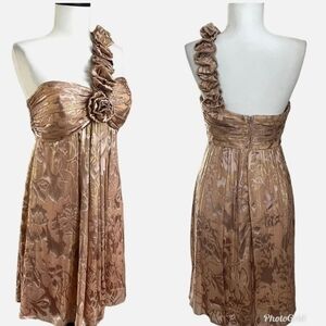 Betsy & Adam Rose Gold One-Shoulder Metallic Floral Cocktail Prom Dress – Size 4